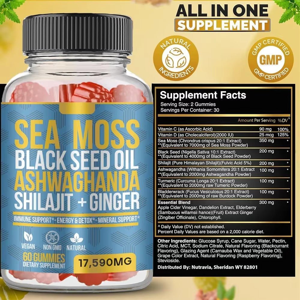 Shilajit Energy Gummies – With Sea Moss, Black Seed Oil, Ashwagandha & Ginger