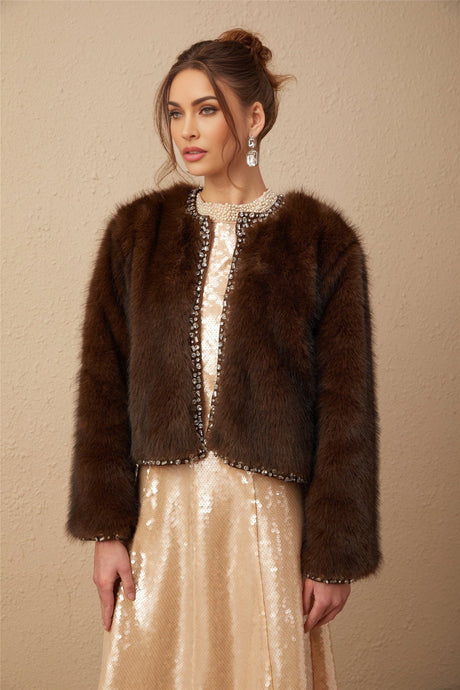 Shiloh Coat Brown Ombre Crystal Faux Fur & Fur Detailing