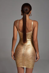 Shiloh Gold Metallic Cocktail Dress with V-Neckline and Textured Detailing