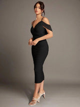 Shiloh Midi Dress - Spaghetti Strap - Cold Shoulder - Bodycon - Elegant - Ruched Split Zipper