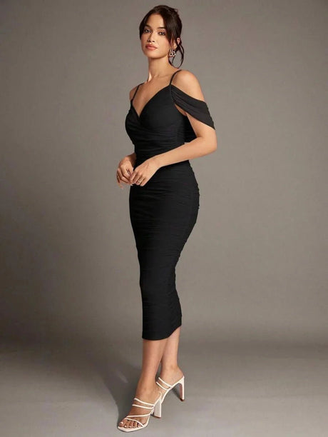 Shiloh Midi Dress - Spaghetti Strap - Cold Shoulder - Bodycon - Elegant - Ruched Split Zipper