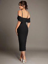 Shiloh Midi Dress - Spaghetti Strap - Cold Shoulder - Bodycon - Elegant - Ruched Split Zipper
