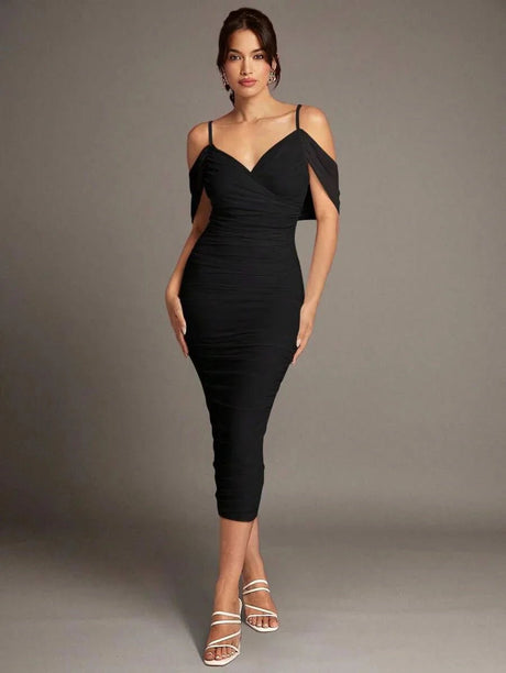 Shiloh Midi Dress - Spaghetti Strap - Cold Shoulder - Bodycon - Elegant - Ruched Split Zipper