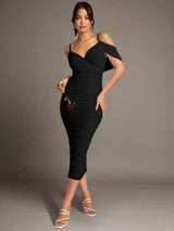 Shiloh Midi Dress - Spaghetti Strap - Cold Shoulder - Bodycon - Elegant - Ruched Split Zipper