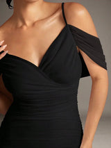 Shiloh Midi Dress - Spaghetti Strap - Cold Shoulder - Bodycon - Elegant - Ruched Split Zipper