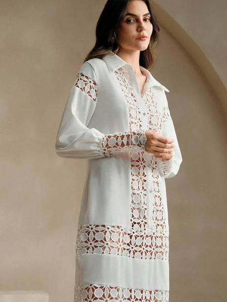 Sienna Midi Dress - Neckline Collar - Drop Shoulder Sleeves - Button Front - Floral & Plain Patterns - Casual Style