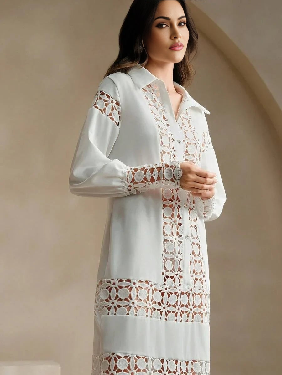 Sienna Midi Dress - Neckline Collar - Drop Shoulder Sleeves - Button Front - Floral & Plain Patterns - Casual Style