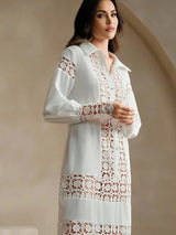 Sienna Midi Dress - Neckline Collar - Drop Shoulder Sleeves - Button Front - Floral & Plain Patterns - Casual Style