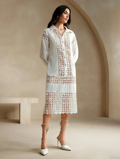 Sienna Midi Dress - Neckline Collar - Drop Shoulder Sleeves - Button Front - Floral & Plain Patterns - Casual Style