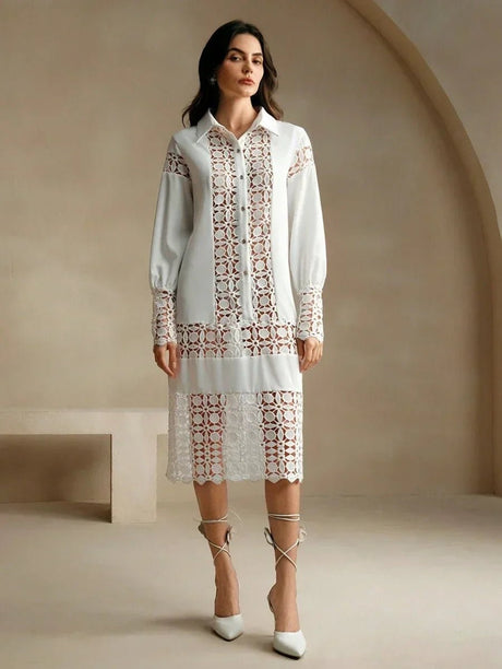 Sienna Midi Dress - Neckline Collar - Drop Shoulder Sleeves - Button Front - Floral & Plain Patterns - Casual Style