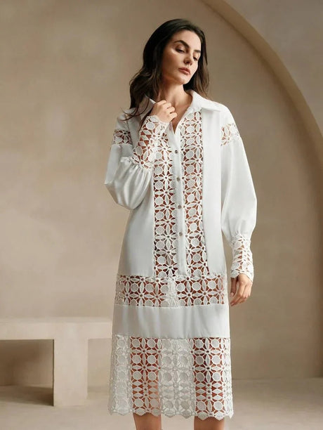 Sienna Midi Dress - Neckline Collar - Drop Shoulder Sleeves - Button Front - Floral & Plain Patterns - Casual Style