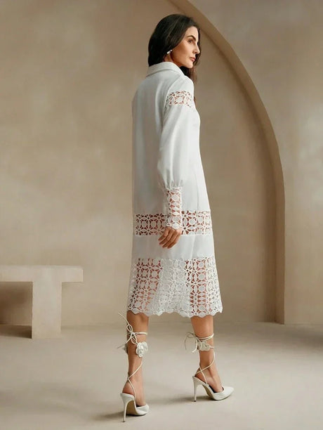 Sienna Midi Dress - Neckline Collar - Drop Shoulder Sleeves - Button Front - Floral & Plain Patterns - Casual Style