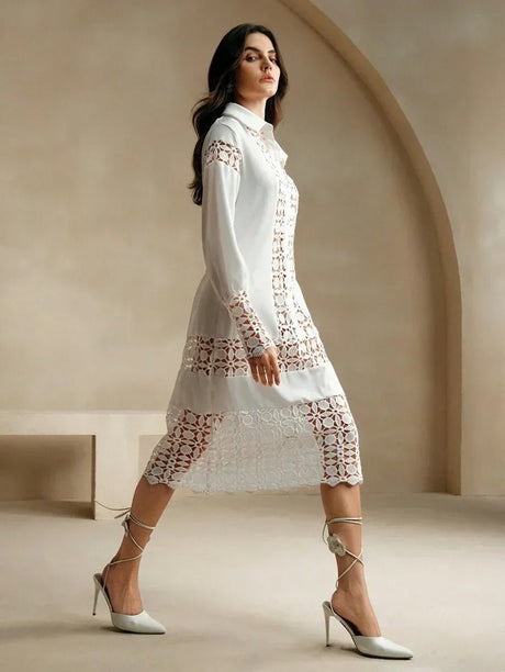 Sienna Midi Dress - Neckline Collar - Drop Shoulder Sleeves - Button Front - Floral & Plain Patterns - Casual Style