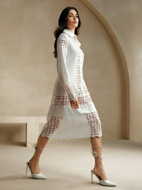 Sienna Midi Dress - Neckline Collar - Drop Shoulder Sleeves - Button Front - Floral & Plain Patterns - Casual Style