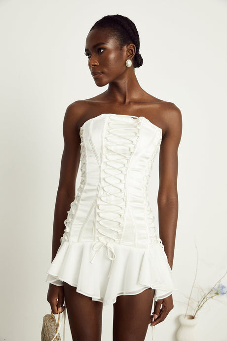 Silvana Mini Dress White Tulle Lace Up Corset Flounce Hem