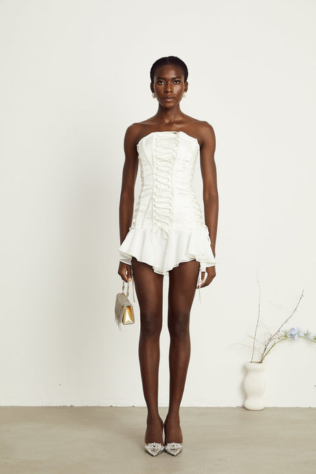 Silvana Mini Dress White Tulle Lace Up Corset Flounce Hem
