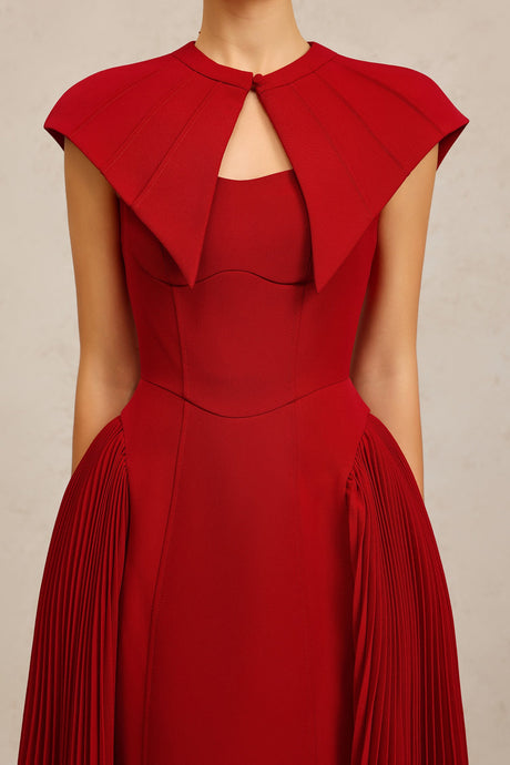 Silvana Red Halter Neckline Pleated Skirt Dress for Special Occasions