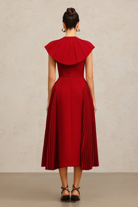 Silvana Red Halter Neckline Pleated Skirt Dress for Special Occasions