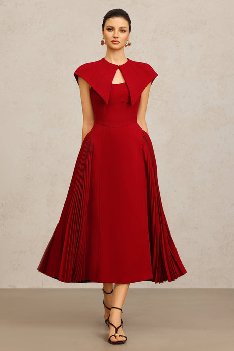 Silvana Red Halter Neckline Pleated Dress for Special Occasions