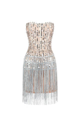 Silver Pearl Sequin Tassel Mini Dress for Special Occasions