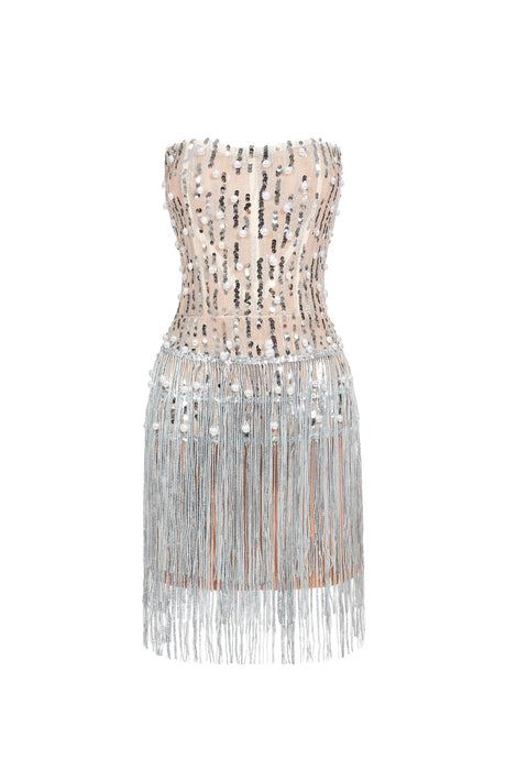 Silver Pearl Sequin Tassel Mini Dress for Special Occasions