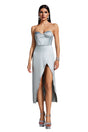 Silver Poppy Strapless Satin Dress with High Slit
