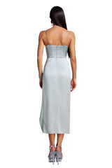 Silver Poppy Strapless Satin Dress with High Slit and Exquisite Detailing
