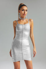 Silver Rosario Mini Bandage Dress with Zipper Detailing and Spaghetti Straps