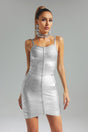 Silver Rosario Mini Bandage Dress with Zipper Detailing and Spaghetti Straps