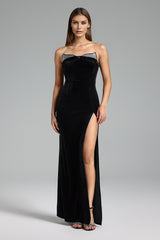 Silvestra Black Velvet Maxi Dress with Thigh-High Slit and Glamorous Neckline Detailing