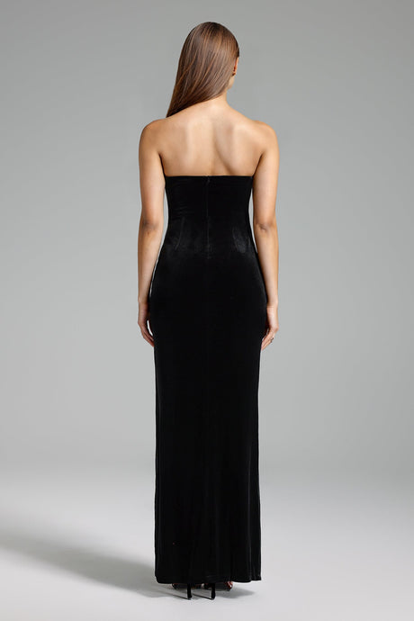 Silvestra Black Velvet Maxi Dress with Thigh-High Slit and Neckline Detailing