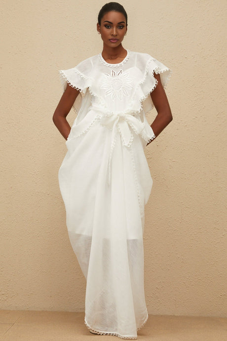 Silvestra Maxi Dress - White Floral Embroidery Cut - Out Detailing scalloped trim shirred effect shee construction rear zip fastening