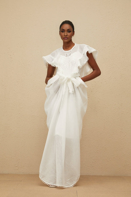 Silvestra Maxi Dress - White Floral Embroidery Cut - Out Detailing scalloped trim shirred effect shee construction rear zip fastening