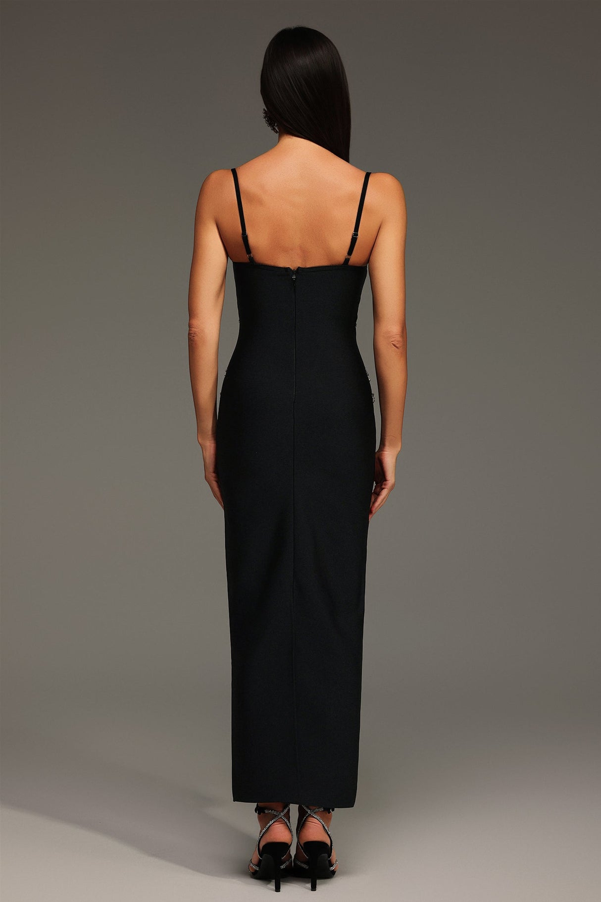 Simona Black Diamond V-Neck Sleeveless Dress with Shimmering Embellishments
