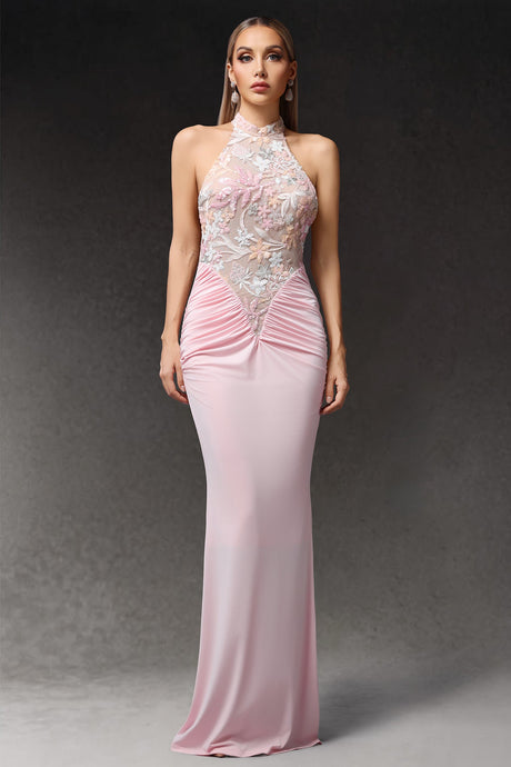 Simona Pink Halter Neckline Floral Embroidered Maxi Dress