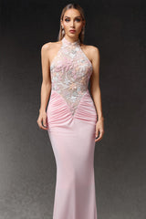 Simona Pink Halter Neckline Floral Embroidered Maxi Dress for Special Occasions