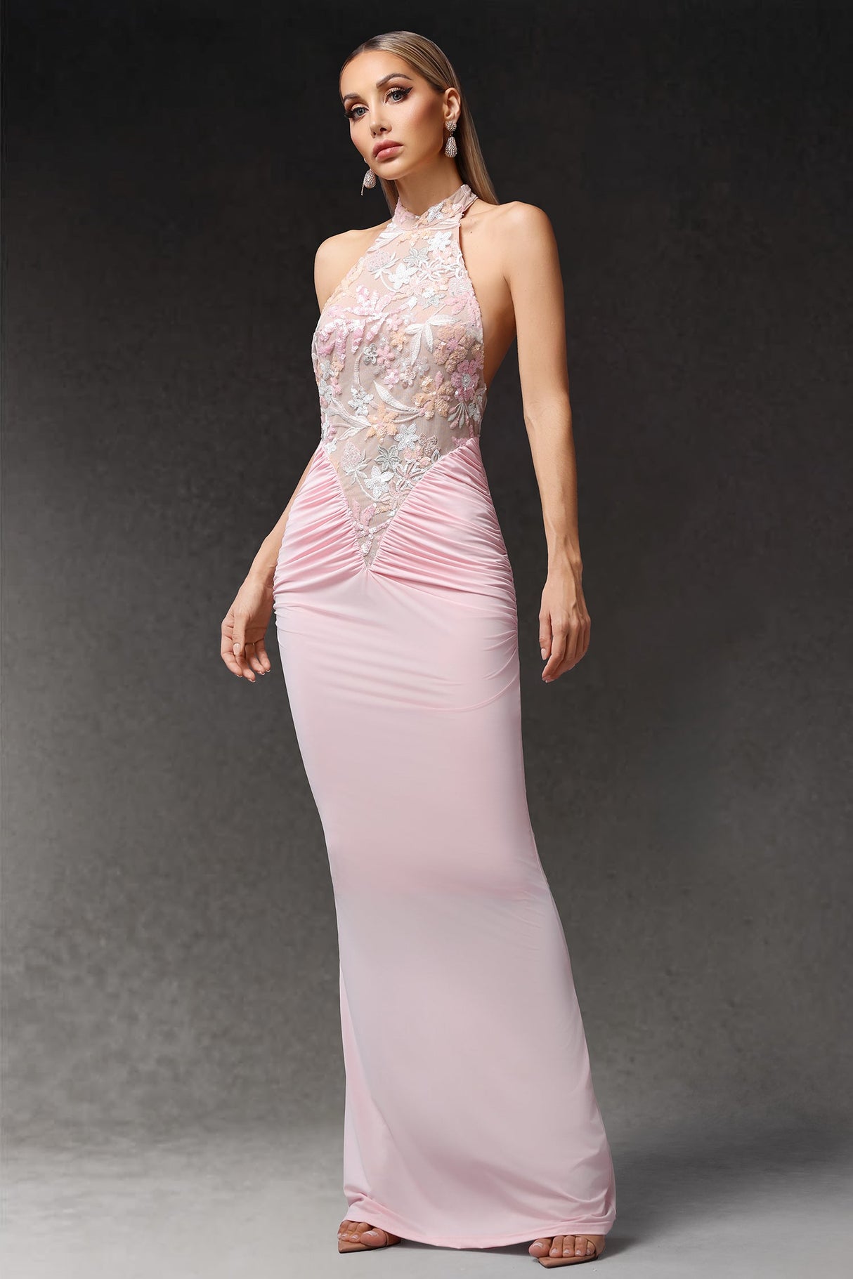 Simona Pink Halter Neckline Floral Embroidered Maxi Dress