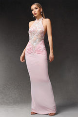 Simona Pink Halter Neckline Floral Embroidered Maxi Dress