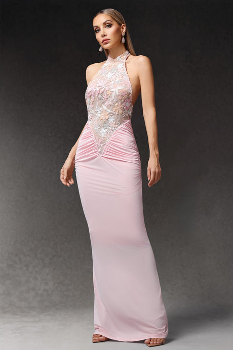 Simona Pink Halter Neckline Floral Embroidered Maxi Dress