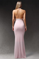 Simona Pink Halter Neckline Floral Embroidered Maxi Dress
