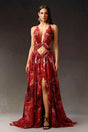 Simona Red Floral Print Halter Dress with Pearl V-Neckline and Dramatic Slit