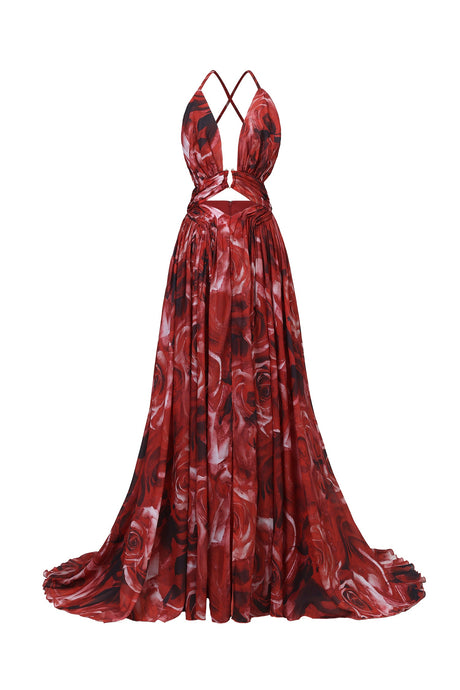 Simona Red Floral Print Halter Dress with Pearl V-Neckline and Dramatic Slit