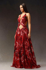 Simona Red Floral Print Halter Dress with Pearl V-Neckline and Dramatic Slit
