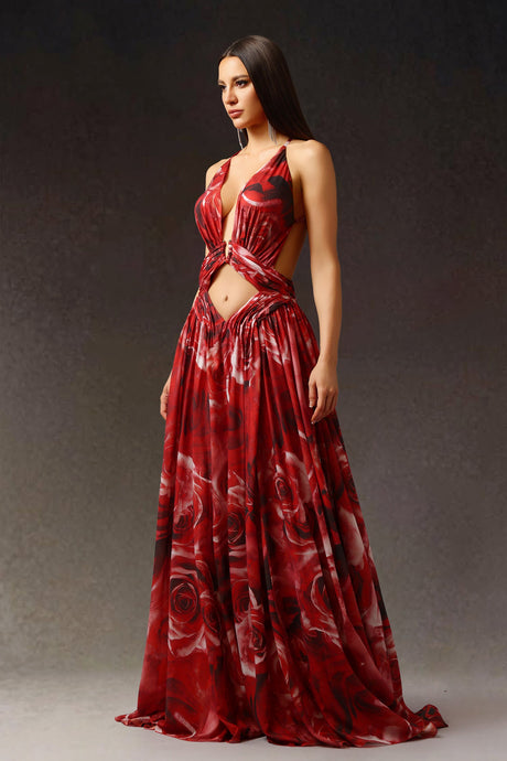 Simona Red Floral Print Halter Dress with Pearl V-Neckline and Dramatic Slit