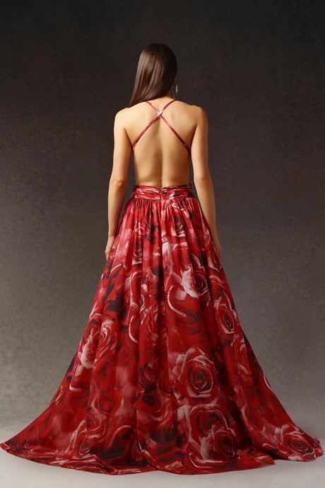Simona Red Floral Print Halter Dress with Pearl V-Neckline and Dramatic Slit