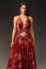 Simona Red Floral Print Halter Slit Dress