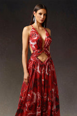 Simona Red Floral Print Halter Slit Dress