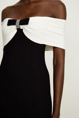 Simonetta Maxi Dress in Black & White with Crystal Embellished Bow Details