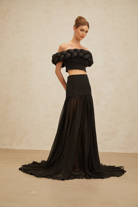 Simonetta Maxi Skirt - High Rise - Rhinestone Embellishment - Tulle Paneling - Shirred Effect - Train Design