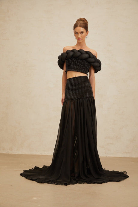 Simonetta Maxi Skirt - High Rise - Rhinestone Embellishment - Tulle Paneling - Shirred Effect - Train Design